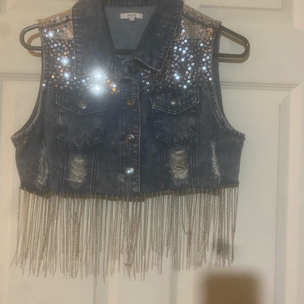 Chloe Denim Vest with Silver Sequin Accents